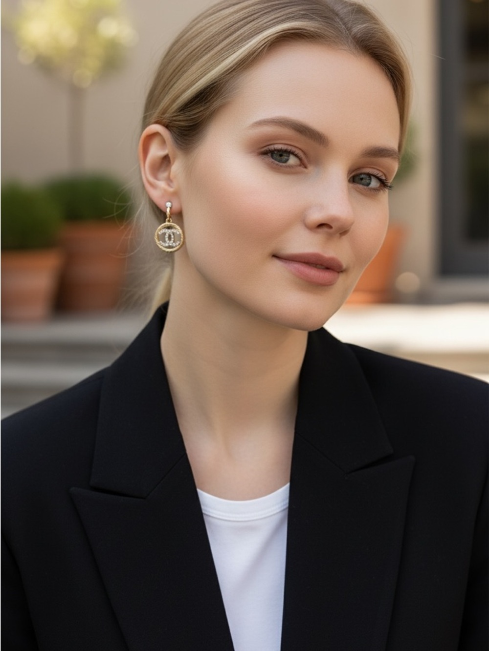 Rose Gold and Silver Crystal Double-C Logo Drop Earrings